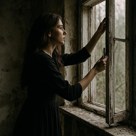 Young beautiful girl in a black dress standing near the window and looking out the windowの写真素材