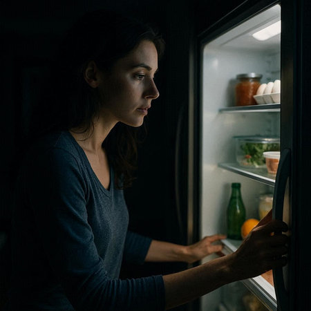 Young woman looking for food in fridge at night. Side view.の写真素材