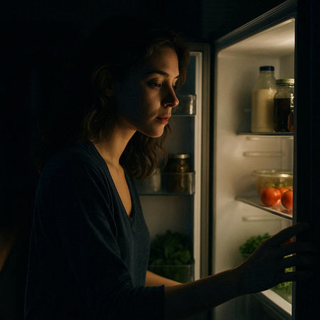 Young woman looking for food in fridge at night in the dark.の写真素材