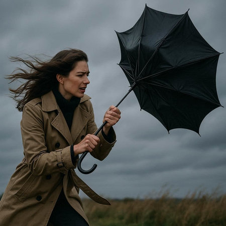 Young woman in raincoat with umbrella in hand. Rainy day.