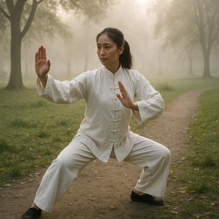 Asian woman practicing thai chi in the park at foggy morning