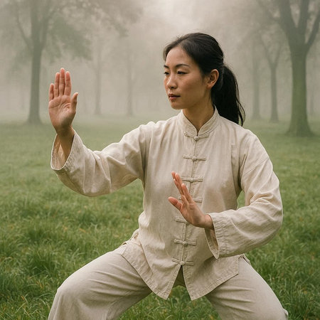Asian woman practicing thai chi in the park with foggy background
