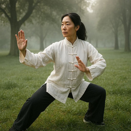 Asian woman practicing thai chi in the park at sunset time.