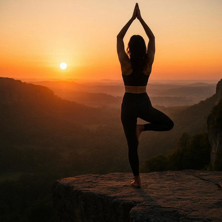 Silhouette of young woman practicing yoga on top of a mountain at sunset