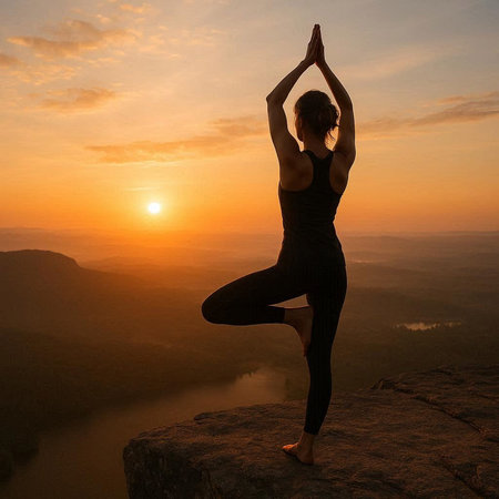 Silhouette of woman practicing yoga on the cliff at sunrise.の写真素材