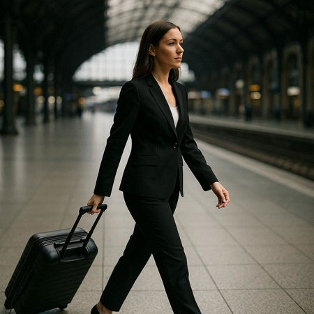 Young business woman with suitcase at the train station. Business travel concept.の写真素材