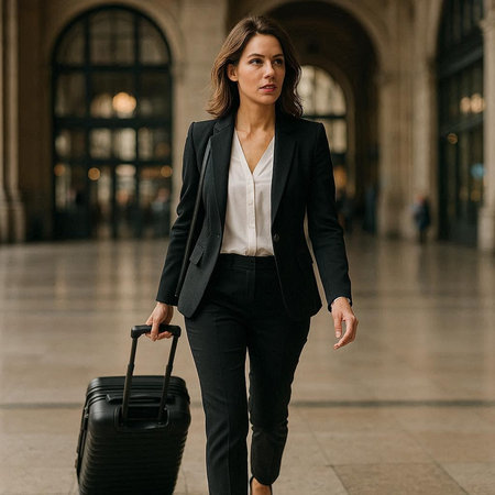 Young businesswoman walking with suitcase in the city. Business travel concept.の写真素材