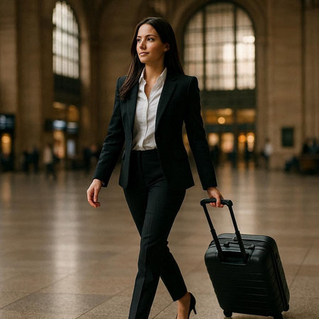 Young businesswoman with suitcase at the station. Business travel concept.の写真素材