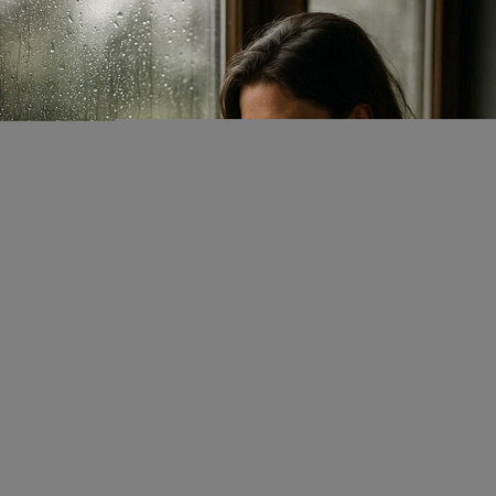 Portrait of a beautiful girl in the rain. Raindrops on the window.