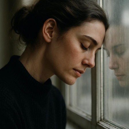 Portrait of a beautiful young woman in a black sweater at the window