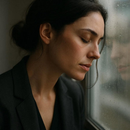 Portrait of a beautiful young woman looking through the window at the rain