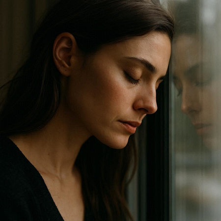 Portrait of a beautiful young woman with closed eyes looking out the window