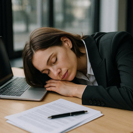 tired businesswoman sleeping at workplace with laptop and documents in officeの写真素材