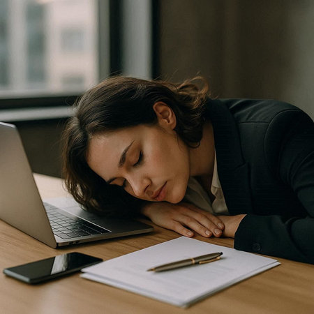 tired businesswoman sleeping at workplace with laptop and smartphone in officeの写真素材