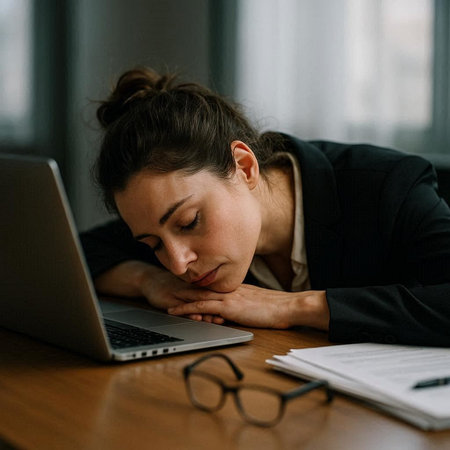 Tired young businesswoman sleeping on the table in front of laptop