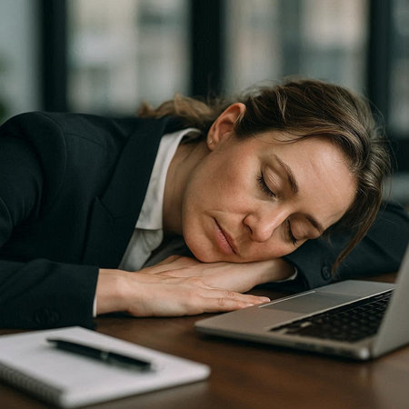 Tired businesswoman sleeping on table in office. Tired businesswoman sleeping at workplace. Business...