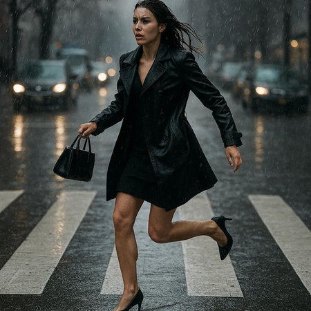 Young brunette woman in black coat and high heels crossing the street at rainy day.の写真素材