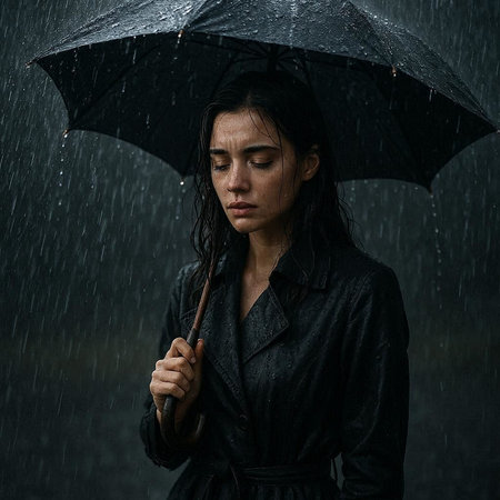 Sad young woman with umbrella in the rain. Rainy weather concept.の写真素材