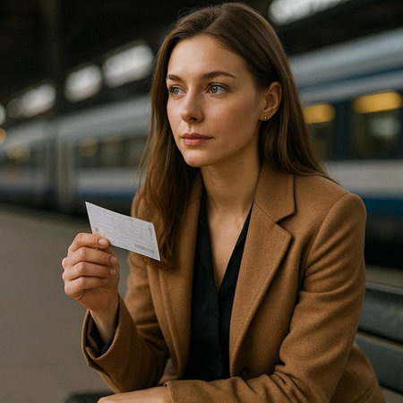 Young businesswoman waiting for train at the station, holding a ticketの写真素材