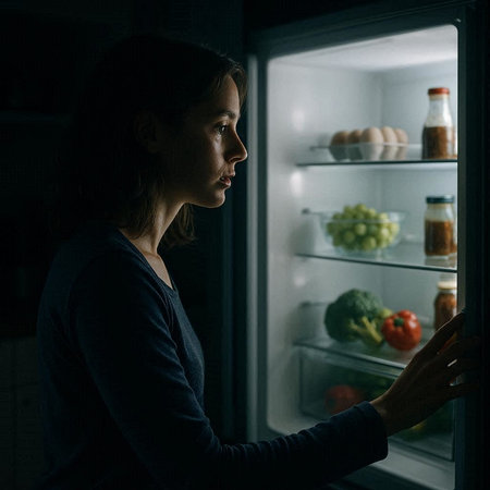 Young woman looking for food in refrigerator at night. Portrait of female standing near open fridge at night.の写真素材