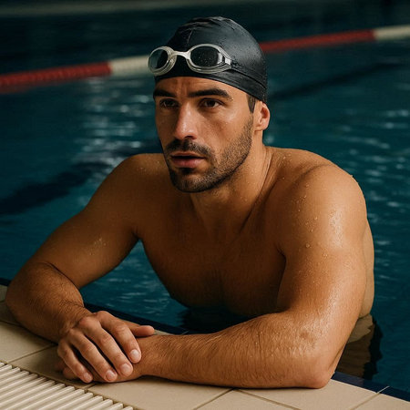 Portrait of a young man in the swimming pool wearing goggles and capの写真素材