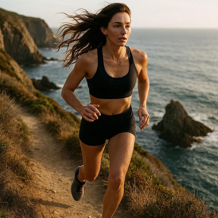 Athletic woman running on seaside trail at sunset.の写真素材