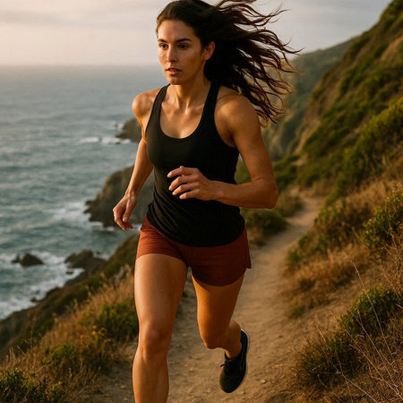 Athletic young woman running on a mountain trail at sunset