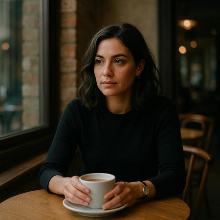 Portrait of a beautiful young woman sitting in a cafe with a cup of coffee
