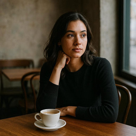Portrait of a beautiful woman sitting in a cafe and drinking coffeeの写真素材