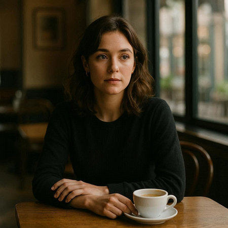 Portrait of a young woman in a cafe with a cup of coffee