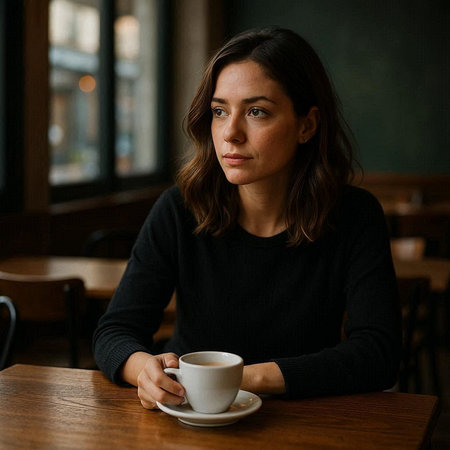 Portrait of a young woman sitting in a cafe and drinking coffeeの写真素材