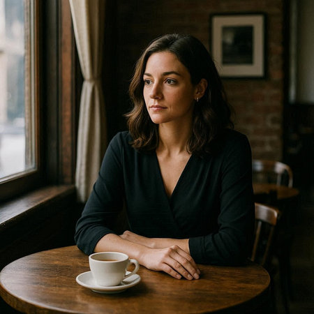 Portrait of a beautiful young woman sitting in a cafe with a cup of coffee
