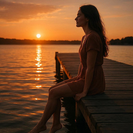 Beautiful young woman sitting on a wooden jetty and enjoying the sunsetの写真素材