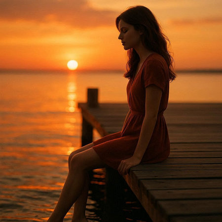 Beautiful girl in a red dress sits on a pier at sunset.の写真素材