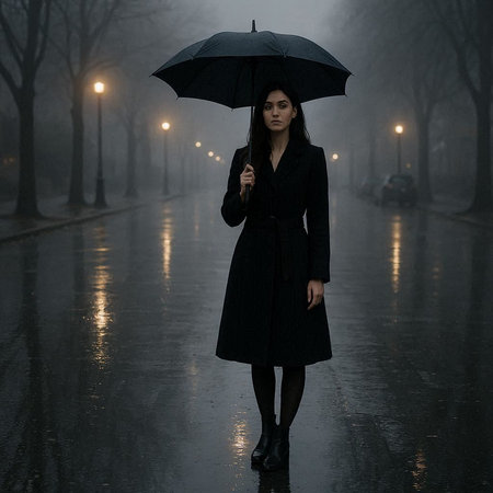 Beautiful woman with umbrella walking in foggy street at night.