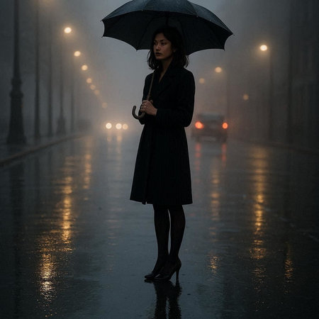 Beautiful brunette woman in black coat with umbrella walking in foggy street at night