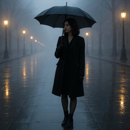 Beautiful brunette woman in black coat and umbrella walking on the street at rainy dayの写真素材