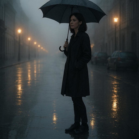 Young woman in raincoat with umbrella walking on rainy street at night