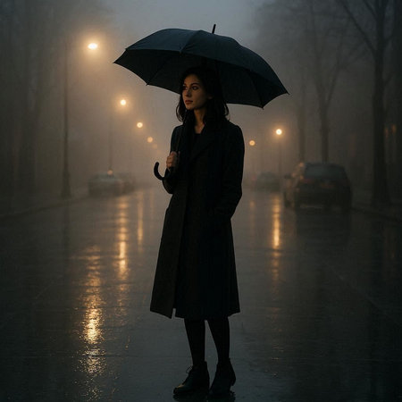 Young woman with umbrella walking in foggy street at rainy day.