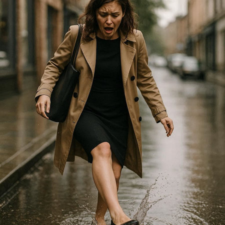 wet woman in raincoat and black skirt walking in wet streetの写真素材
