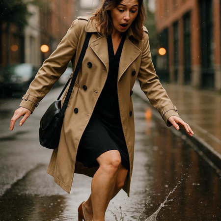 Stylish young woman in a beige coat and black skirt walks along the street in the rain.の写真素材