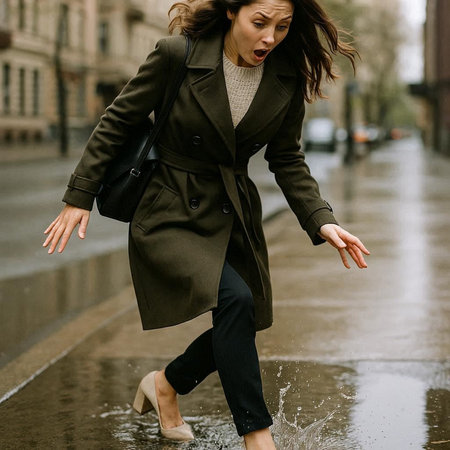 A young woman in a coat walks through the rain in the city.の写真素材
