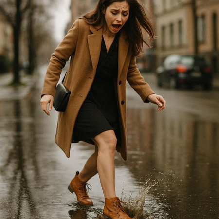 Portrait of a beautiful girl in a coat walking in the rainの写真素材