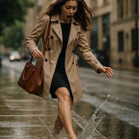 A young woman in a beige trench coat is walking through the rain on a rainy day.の写真素材