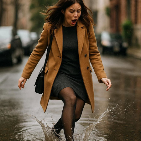 beautiful young woman in a coat walks through the rain on the streetの写真素材