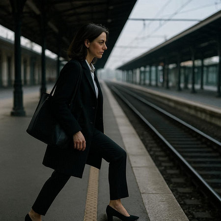 Beautiful businesswoman in a black suit on the platform of a railway stationの写真素材