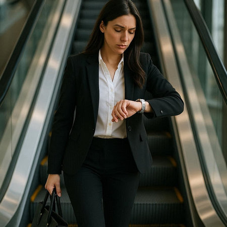 Young businesswoman checking time on wristwatch while walking down escalatorの写真素材