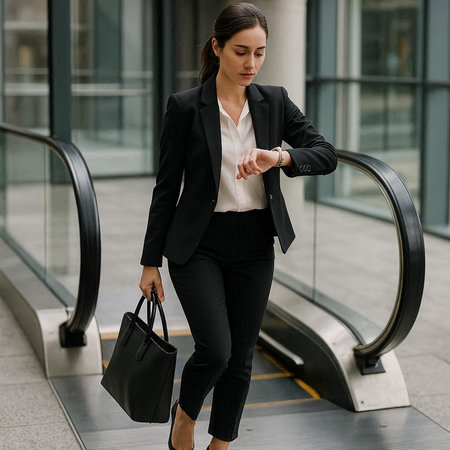 Beautiful business woman in black suit and white shirt walking in the cityの写真素材