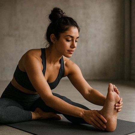 Beautiful young woman in sportswear sitting on yoga mat and doing stretching exercise.