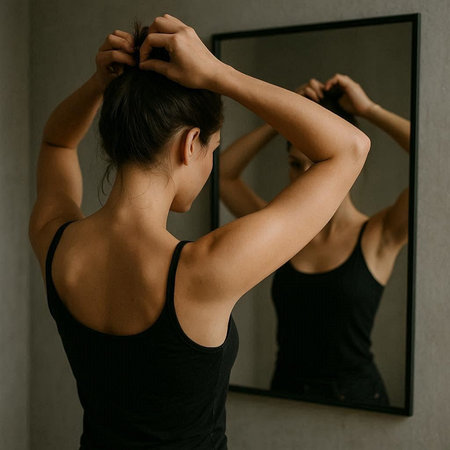 Young woman looking at her reflection in the mirror. Back view.の写真素材